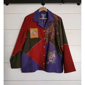 Koret Womens 16W Patchwork Blouse Floral Embroidered Boho Colorful Tapestry